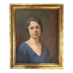 1920’s Vintage Oil on Canvas Portrait Painting of Lady/Woman in Blue Dress With Original Gilt Newcomb Macklin Style Frame by Elizabeth Nugent