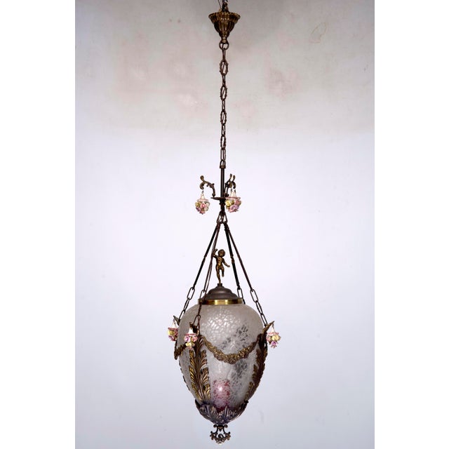 Gold Italian Brass, Etched Glass and Capodimonte Flowers Lantern, 1950s For Sale - Image 8 of 14