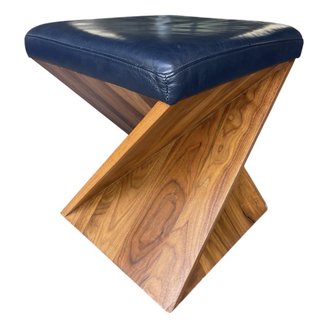 American Leather Corkscrew Walnut Ottoman With Navy Leather Cushion For Sale