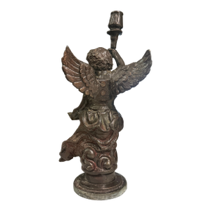Antique Bronze Cherub Holding a Torch Candle Holder 14in