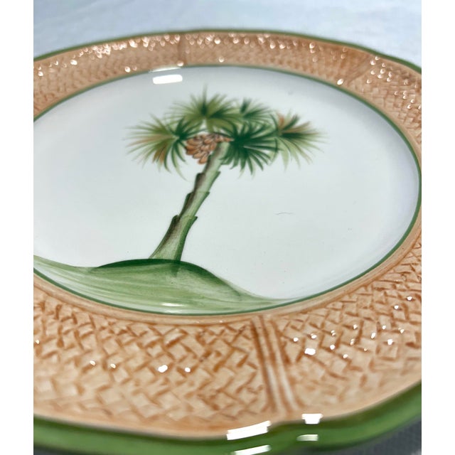 Mid 20th Century MCM Vietri Italian Wickerweave Border Tropical Coconut Palm Tree Porcelain Plates - A 3 Piece Set For Sale - Image 5 of 6