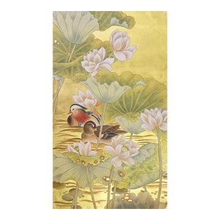 Luxury Hand Painted Gold Leaf Wallpaper With Lotus Flower & Mandarin Duck Design, Oriental Chinoiserie Wall Mural, Custom Designer Wallcovering For Sale