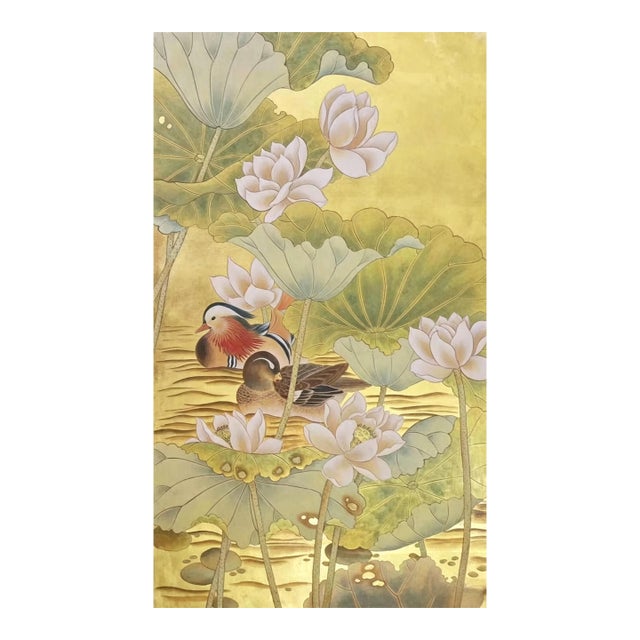 Luxury Hand Painted Gold Leaf Wallpaper With Lotus Flower & Mandarin Duck Design, Oriental Chinoiserie Wall Mural, Custom Designer Wallcovering For Sale