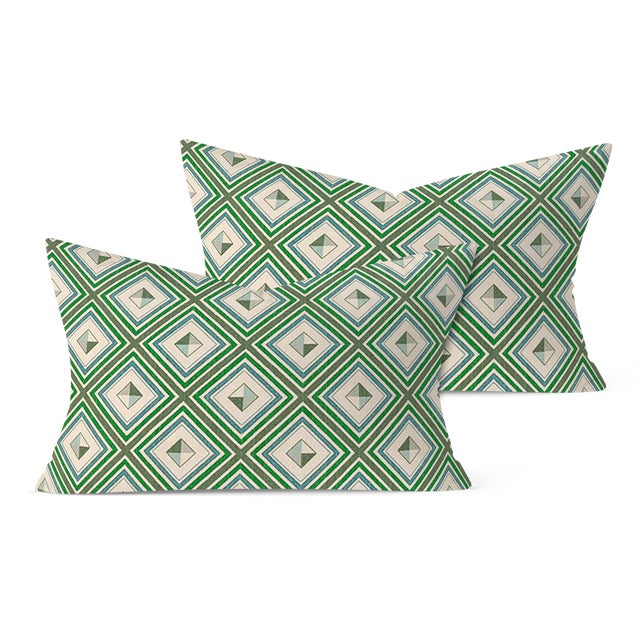 Pair of handcrafted pillows fashioned with Christopher Farr Fresco in Olive fabric on the front and backed in a flax-...