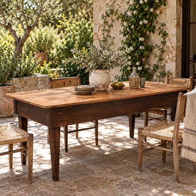 This vintage farm table has the honest, timeworn character that makes older furniture feel warm and inviting. Its simple...