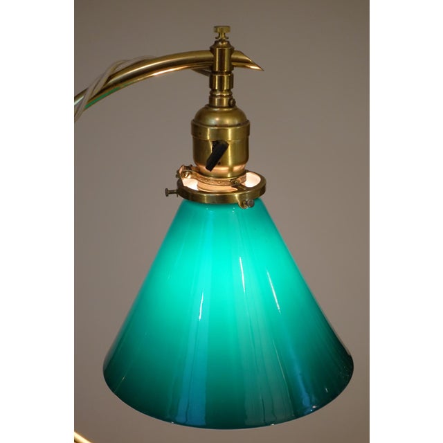 Vintage Faries Industrial Machine Age Brass 'C' Table Emeralite Shade Lamp 1910's Oc White Era Original Pristine Condition For Sale - Image 9 of 13