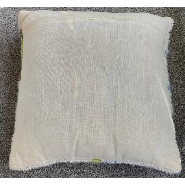 Rustic European 20" Vintage Hooked Pillow With Azure Hydrangea Blossom For Sale - Image 3 of 4