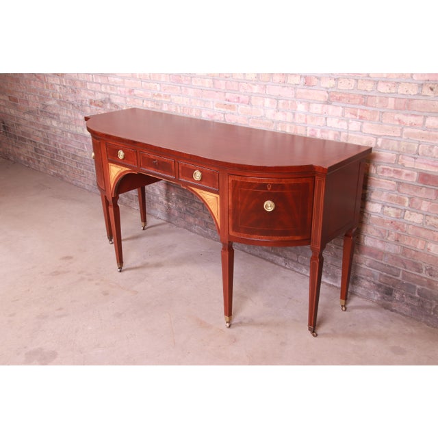 Baker Furniture Company Baker Furniture Stately Homes Sheraton Bow Front Inlaid Mahogany Sideboard For Sale - Image 4 of 13