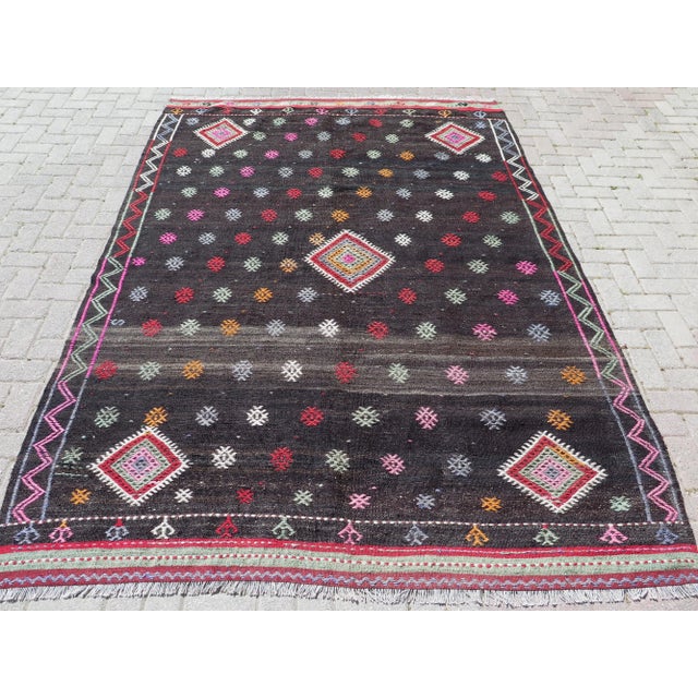 Mid 20th Century 60s Black Handwoven Turkish Tribal Kilim Wool Area Rug For Sale - Image 11 of 11