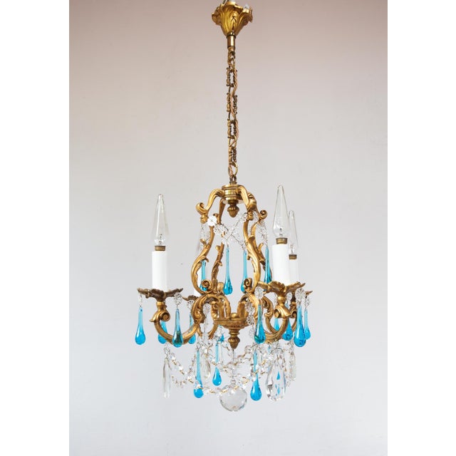 Antique French Chandelier in Bronze Drops Murano Blue, 1950 For Sale - Image 12 of 12