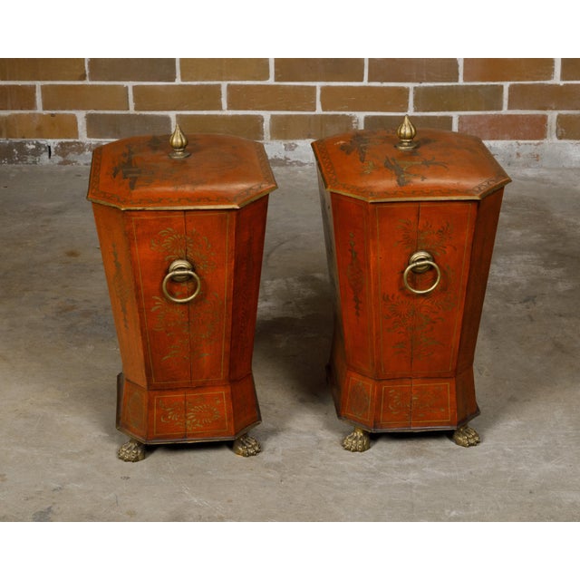 Victorian 19th Century English Victorian Red Lacquer Cellarettes with Chinoiseries - a Pair For Sale - Image 3 of 12