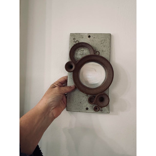 Contemporary Signed Studio Pottery Wall Mirror Hand Built Ceramic 10 Inch Vertical For Sale - Image 3 of 12
