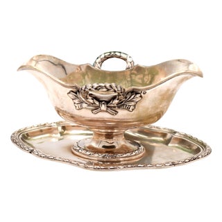 Silver Gravy Boat with Plate and Beaded Handles For Sale