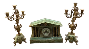 Antique French Neoclassical Green Onyx Garniture Clock Set