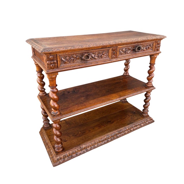 Wood Carved Oak Barley Twist Console Table With Shelves For Sale - Image 7 of 14