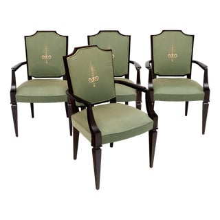 Set of Four French Art Deco Ebonized Wood and Green Upholstered Armchairs For Sale