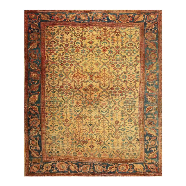 1940s Classic Beige Geometric Antique Knotted Wool Persian Mahal Farahan Rug For Sale