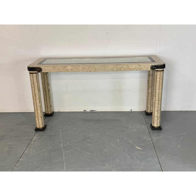 Vintage Italian Style Console Table in Stone Marquetry and Brass Details with Glass Top from Maitland Smith, 1980s For Sale - Image 12 of 16