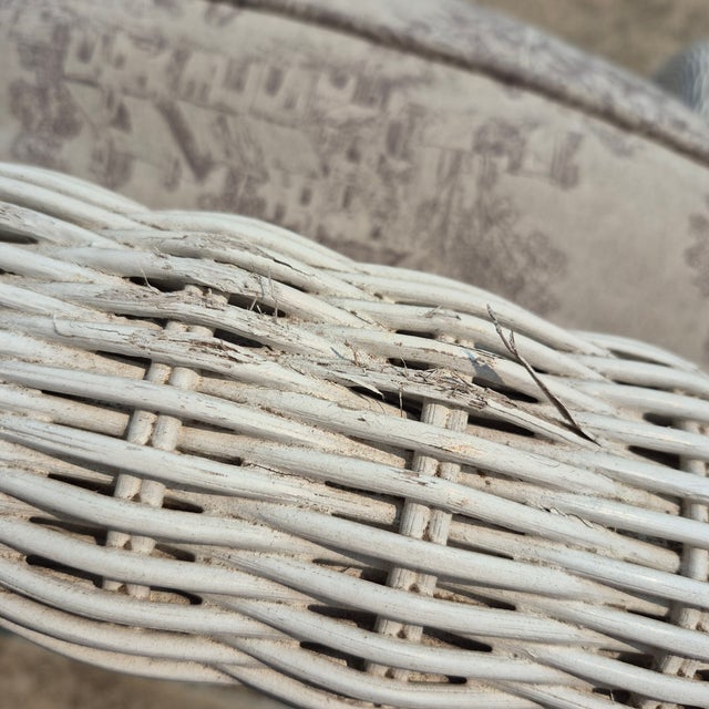 Late 20th Century Vintage White Wicker Large Wingback Lounge Chair W/ Toile Cushions For Sale - Image 12 of 15