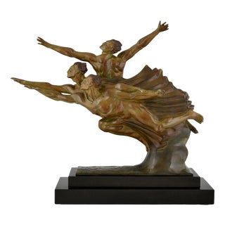 Robert Delandre, Art Deco Bronze Sculpture of 3 Athletes: Allegory of Speed, 1930, Bronze & Marble For Sale