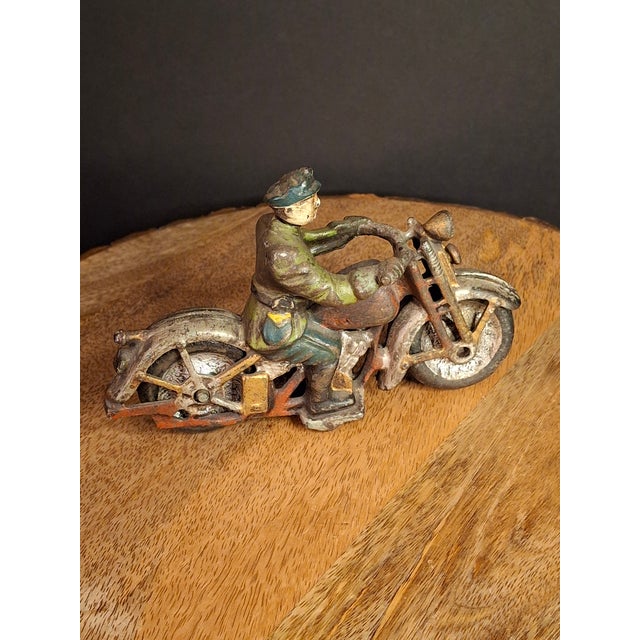 Metal Antique 1930s Hubley Cast Iron "Patrol" Cop Police Motorcycle Toy | Green Paint & Integral Officer Rider 6.25" For Sale - Image 7 of 17