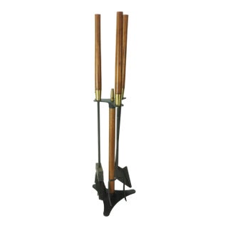 Seymour Mid Century Modern Fireplace Tool Set Wood Brass Black Iron 4 Piece Stand For Sale