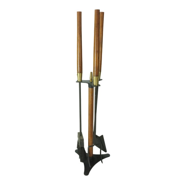 Seymour Mid Century Modern Fireplace Tool Set Wood Brass Black Iron 4 Piece Stand For Sale