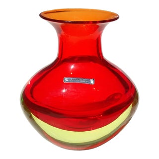 Cenedese Murano Antonio Da Ros Vintage Sommerso Red Orange Uranium Yellow Italian Art Glass Flower Vase For Sale