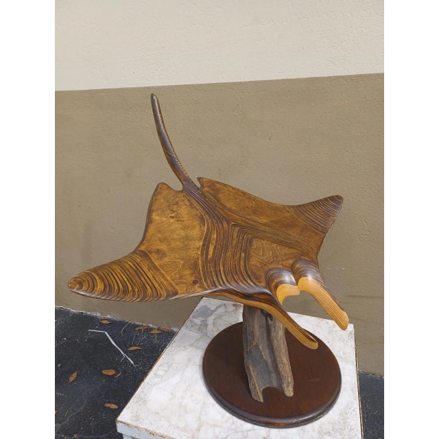 Vintage Wooden Manta Ray Sculpture on Wooden Stand | Chairish
