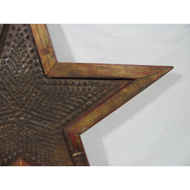 25" Vintage American Handmade Farm Barn Rustic Punched Tin and Wood Garnet Red Star Hanging Wall Art For Sale - Image 10 of 13