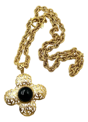 1980s Chanel Vintage Gold Plated CC Filigree Cross Black Stone Long Necklace