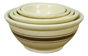 Antique Yellow Stoneware Nesting Mixing Bowls Brown Stripe Usa- Set of 5