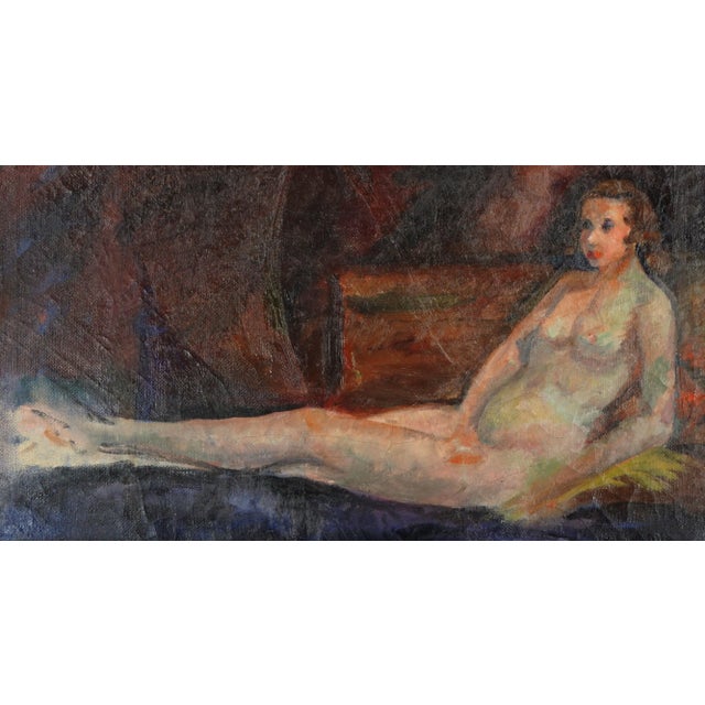 Wonderful reclining nude in modern style, circa 1940. Faint illegible signature lower right edge. Condition: Good:...