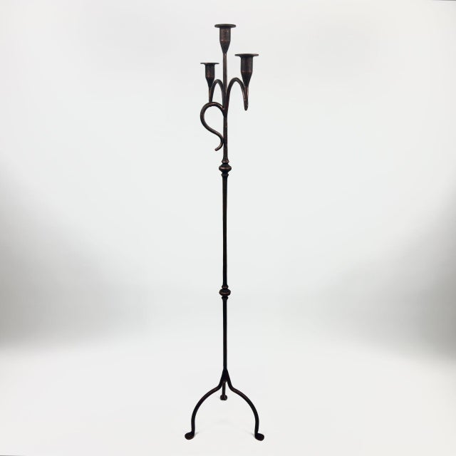 Metal Hand Forged Iron Floor Candelabra 50.5″ (128cm) Antique Copper Patina 3-Arm Tall & Slim Candle Holder Rustic Decor For Sale - Image 7 of 7