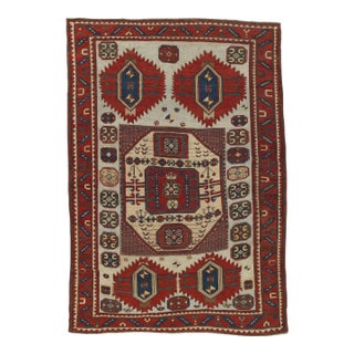 Antique Karachov Kazak Carpet, Handmade Wool, Pale Blue, Rust, Ivory, Geometric For Sale