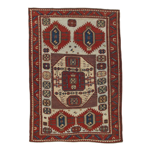 Antique Karachov Kazak Carpet, Handmade Wool, Pale Blue, Rust, Ivory, Geometric For Sale