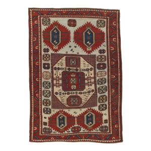 Antique Karachov Kazak Carpet, Handmade Wool, Pale Blue, Rust, Ivory, Geometric