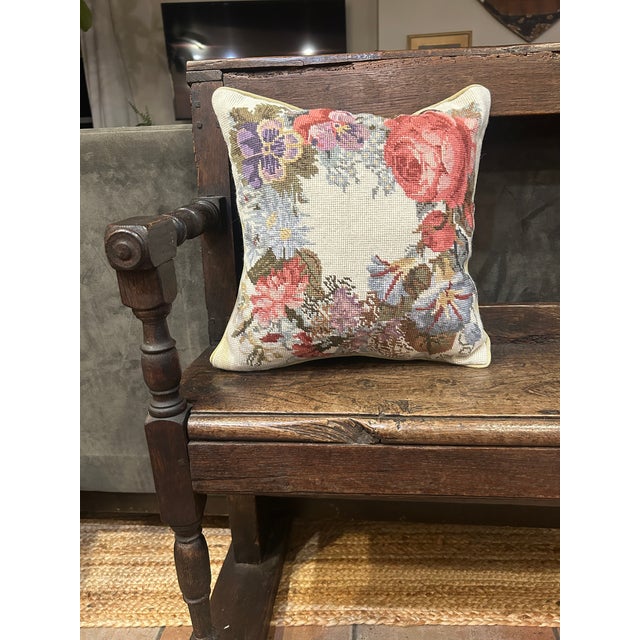 Pretty Vintage Wool Floral Needlepoint Pillow With Velvet Back For Sale - Image 9 of 10
