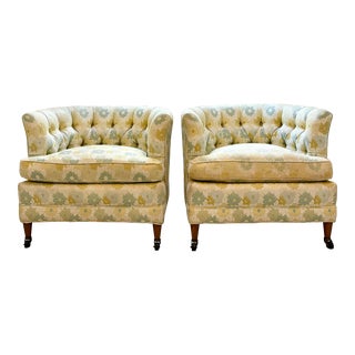 Vintage Tufted Tub Chairs With Wooden Feet on Rollers - a Pair For Sale