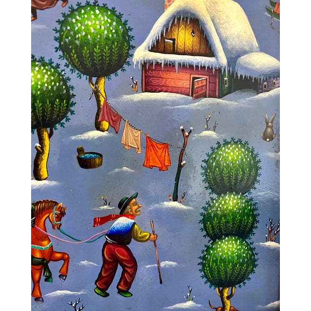 Ljubomir Milinkov, Folk Art Naive Oil Painting Ljubomir Milinkov Whimsical Pastoral Farm Landscape For Sale - Image 18 of 18