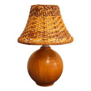 Vintage Table Lamp with Yew Wood Base and Wicker Shade, 1980s For Sale