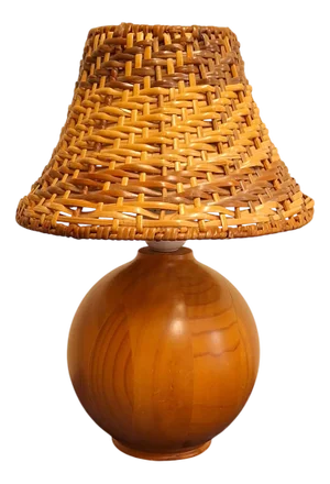 Vintage Table Lamp with Yew Wood Base and Wicker Shade, 1980s