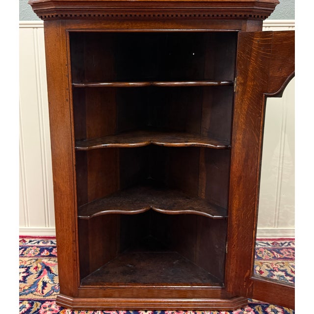Brown Antique English Corner Cabinet Carved Oak Hanging Wall Cabinet Storage c.1920s For Sale - Image 8 of 18