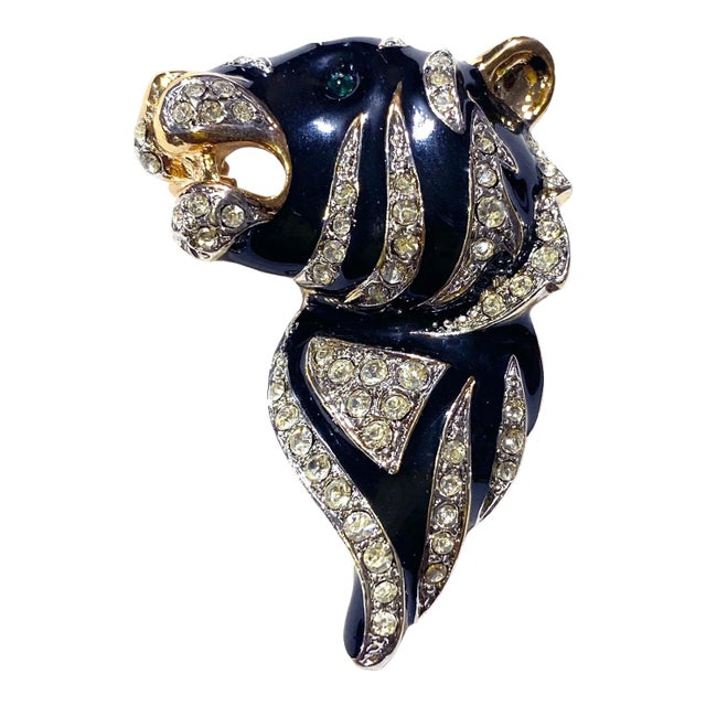 Vintage Gold Tone Black Enamel Clear Rhinestone Zebra Brooch Pin For Sale