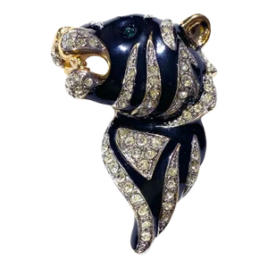 Vintage Gold Tone Black Enamel Clear Rhinestone Zebra Brooch Pin