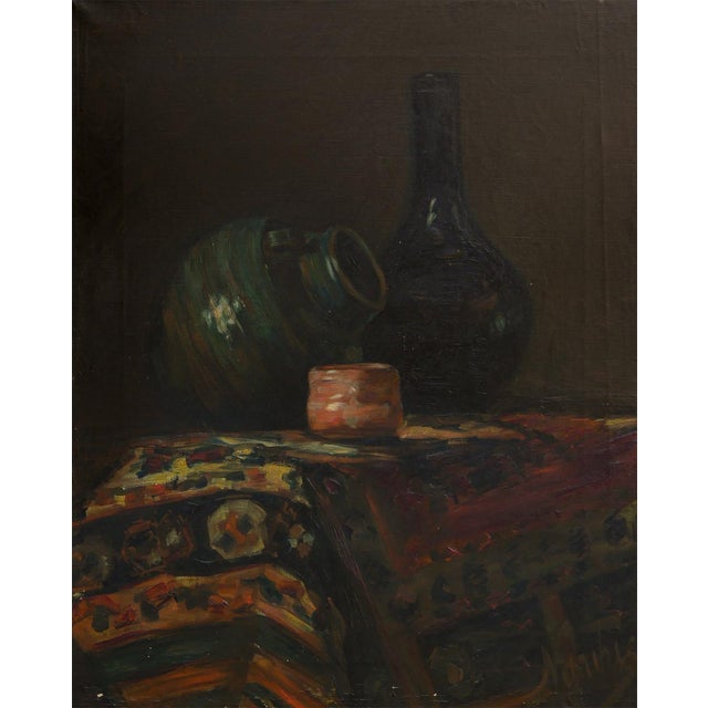 Leo Nardus Early 20th Century Naturalistic Still Life Painting of Jugs and a Carpet, Early 20th Century For Sale - Image 9 of 11