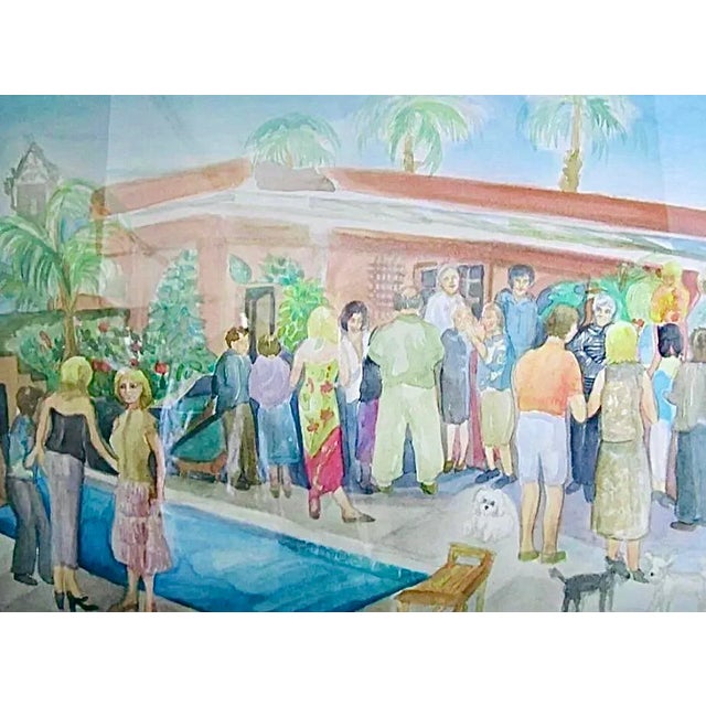 1970s 1970s Original Palm Springs Hysterical Society Poolside Gossip Party Watercolor Framed Paintingi For Sale - Image 5 of 9