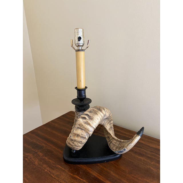 A striking vintage table lamp crafted from a natural ram’s horn, offering a sculptural and textural presence that...
