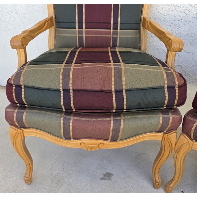 Vintage Louis XV French Provincial Armchairs Plaid Tartan Fauteuil Cabriole Legs For Sale - Image 9 of 16