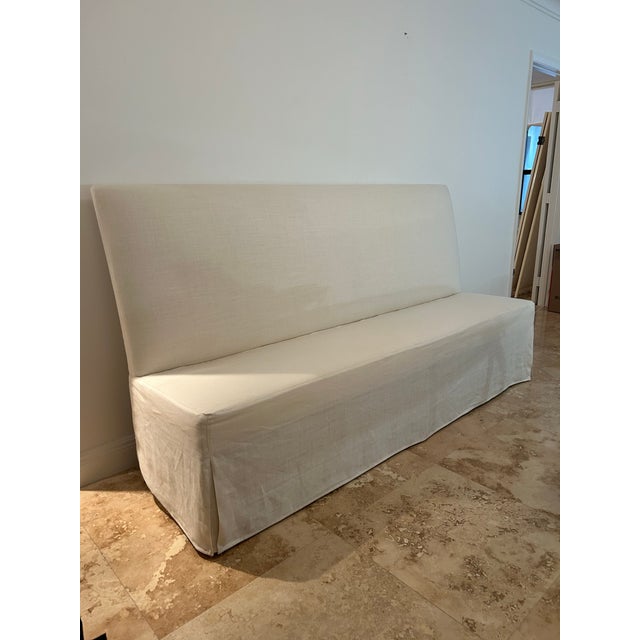 Cream Linen and Blond Wood 7-Foot-Long Bench For Sale - Image 12 of 12